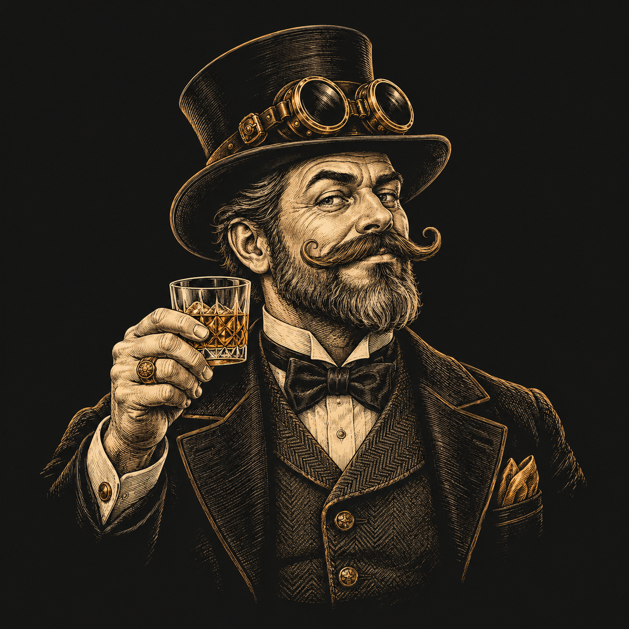 The Gentleman: our moustached engraved critic in a top hat, brass goggles and waistcoat, raising a whiskey.
